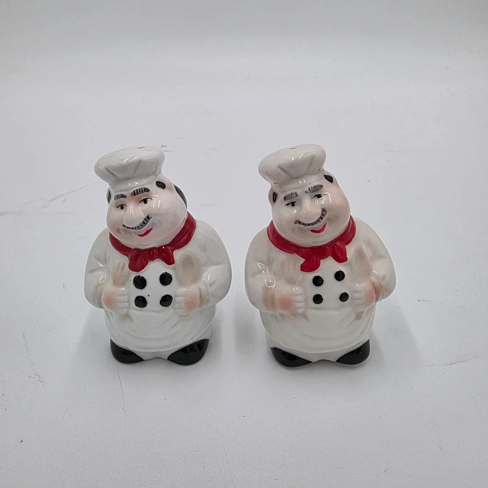 Vintage Fat Chef Ceramic Salt and Pepper Shakers Set White Red Black 3.5 Inch